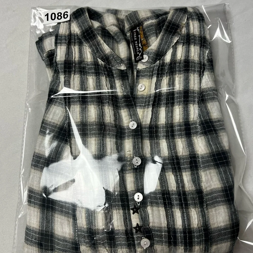 Free People Tunic XS Black‎ Cotton Plaid Country Chic Preppy Shirt Button Blue